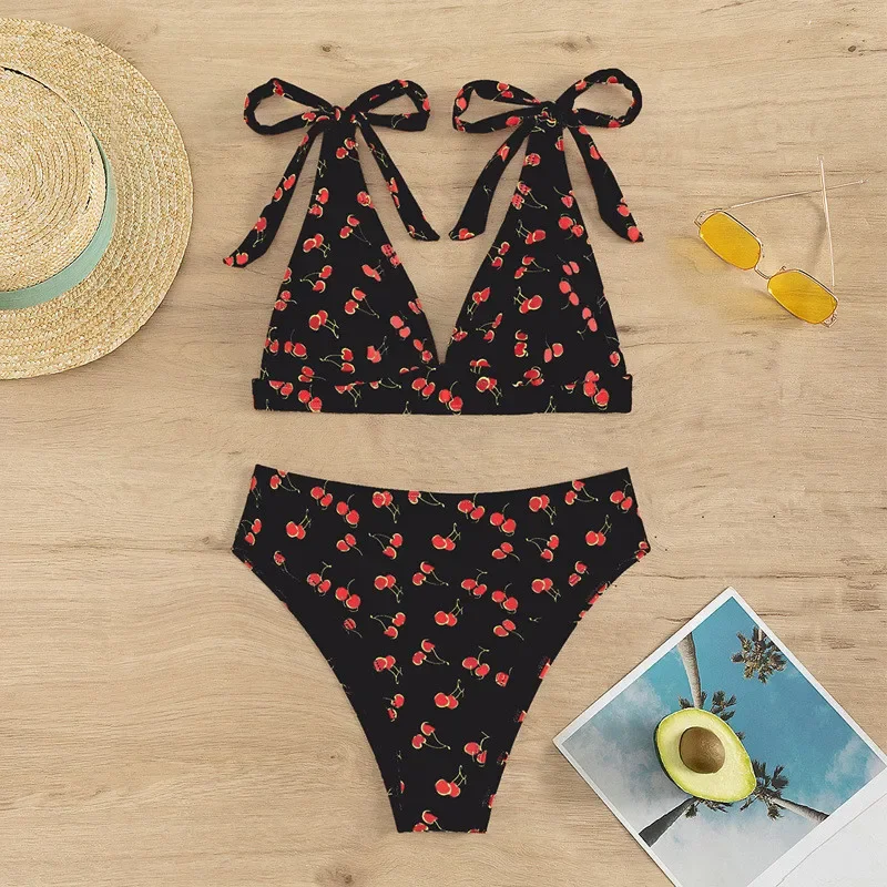 Sexy Cherry Print Swimsuits Women Push Up Bikinis Set High Waist Swimwear Knotted Straps Bathing Suit Bathers Bikini 2024 Mujer