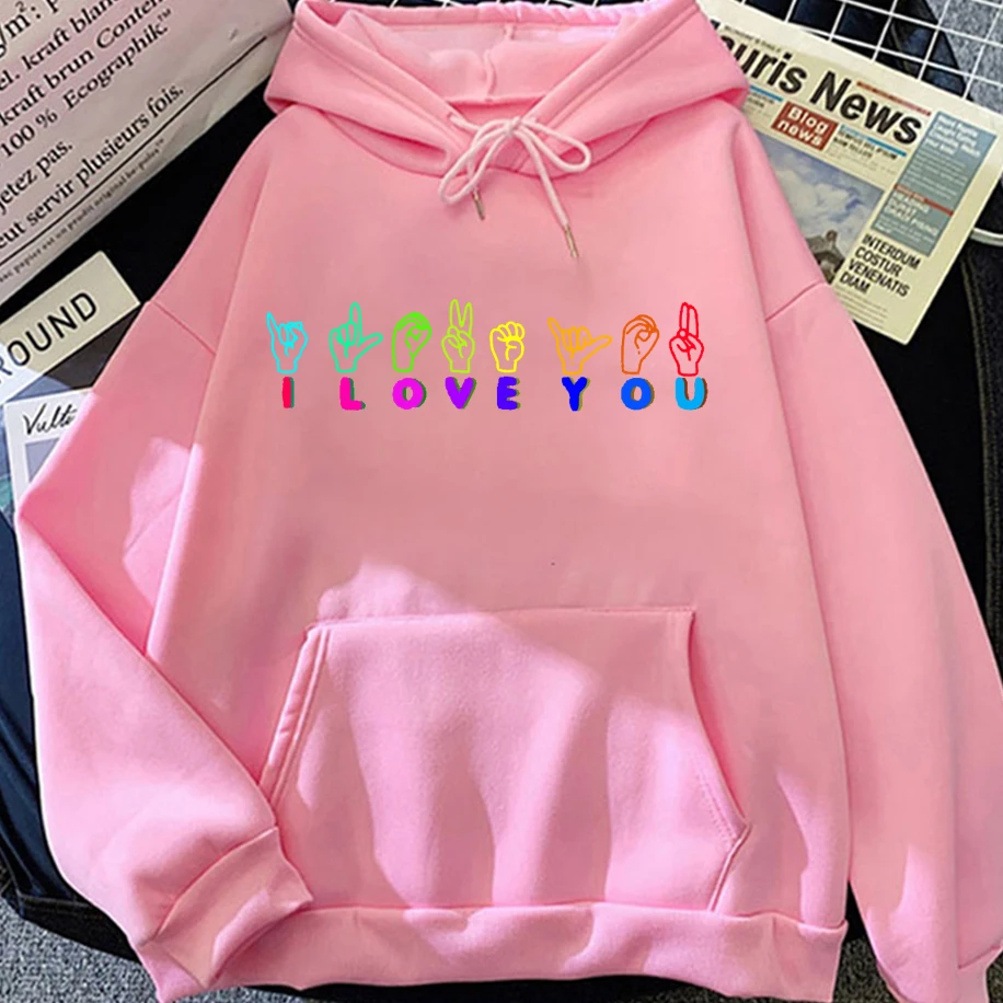 بارد ملون Je T'Aime لفتة مطبوعة الرجال النساء هوديي مضحك شخصية مصممة للجنسين أعلى فضفاض عارضة الهيب هوب البلوز #4