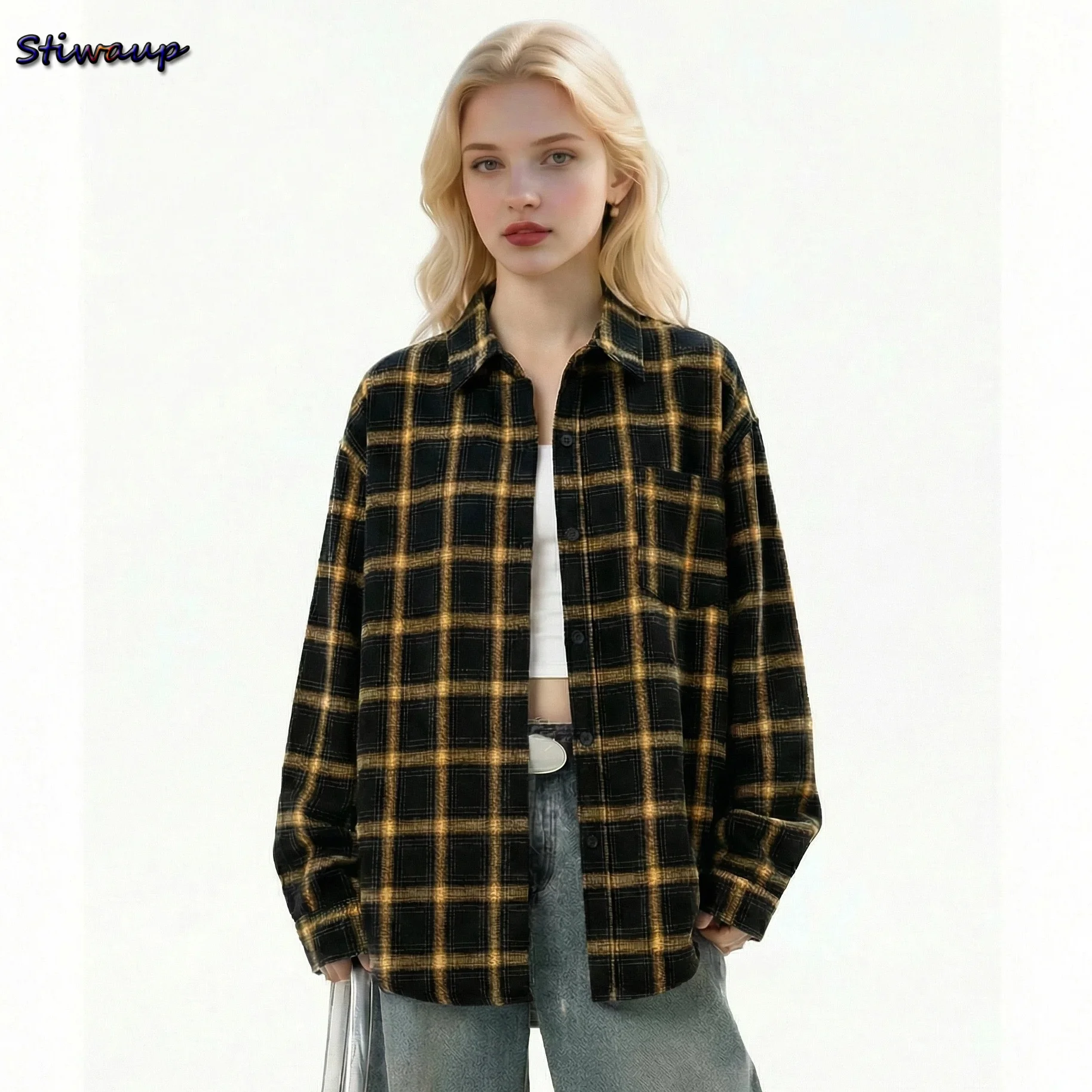 

Women's Blouses and Shirts Deals American Retro Checkered Luxury Youth Women's Blouses on Promotion Long Sleeve Tops for Woman