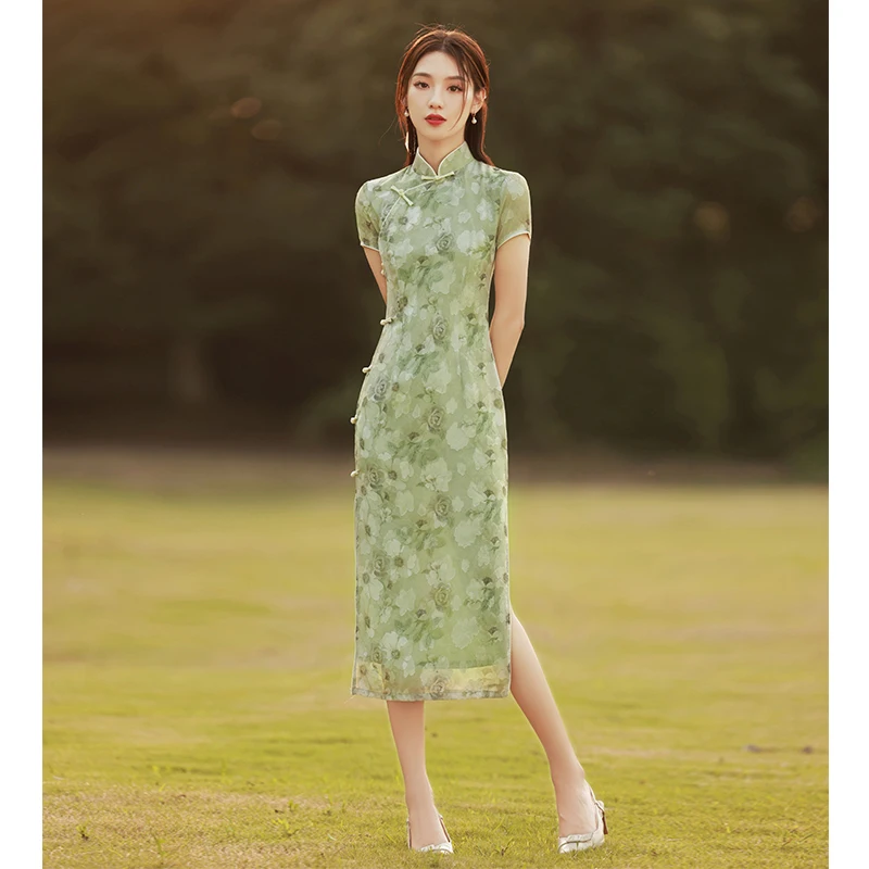 New Female Summer Camellia Cheongsam Green Girl Retro Temperament Chinese Style Qipao Dress