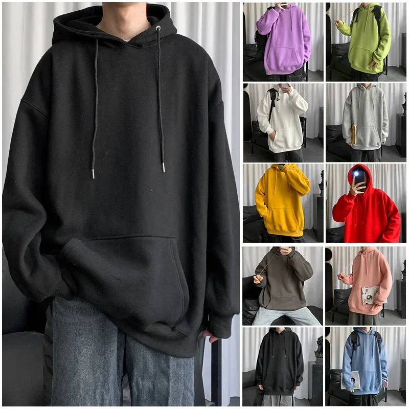 

Pop 2025 Men's Solid Color Sweatshirt Spring Autumn Style Ins Hong Kong Trendy Hooded Jacket Loose Fit Casual Top Hip Hop