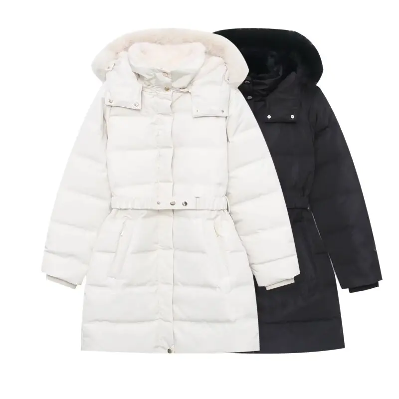 

Women's Winter Two Color Parka Jacket Fur Hood Removable Belt Thick Warm Down Coat Waist Cinched Outerwear