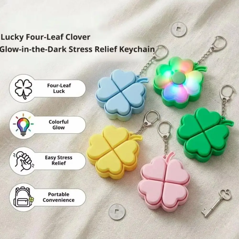 Clickable Buttons Lucky Four Leaf Clover Keychain Flashing Light Translucent Wings Backpack Pendant Lightweight Fade-Resistant