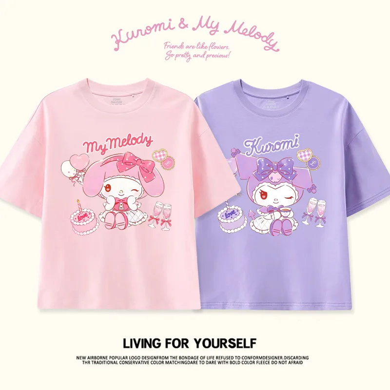 

Детская одежда Sanrio Kulomi Meiletier, детская футболка из чистого хлопка с принтом и круглым вырезом, детская футболка с принтом для родителей и детей, с короткими рукавами