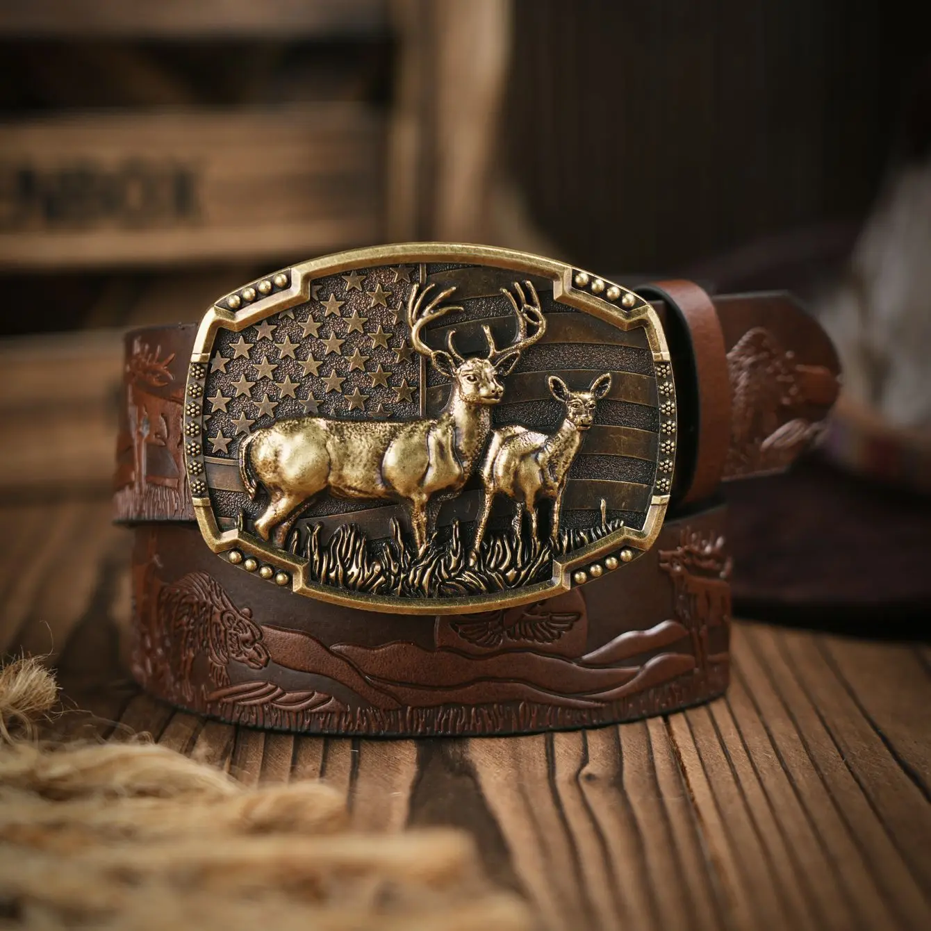 Western Cowboy PU Leather Belt - Men Waist Strap Bull Decoration Floral Engraved for Jeans