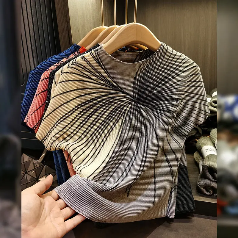 

Casual Pleated Top Temperament Printing Short Sleeve Pleated T-shirt Versatile Slim New Slim Fit Slim Top