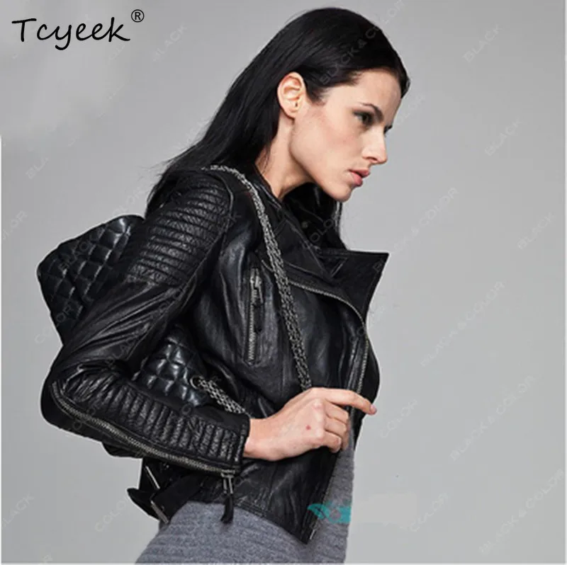 Tcyeek 100% Real Sheepskin Coat Female Short Slim Motorcycle Jackets for Women Clothes Genuine Leather Jacket Women Outerwear