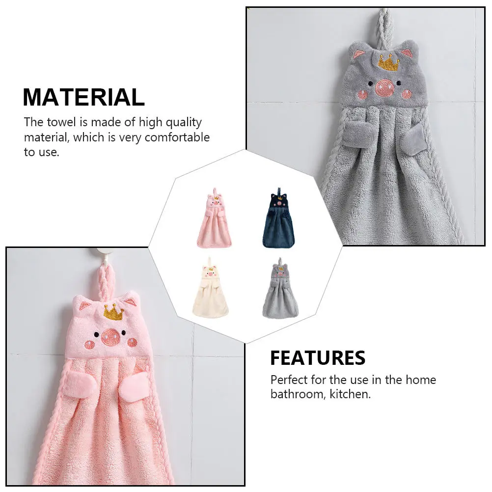 

4Pcs Absorbent Hand Towels Bathroom Kitchen Lovely Pig Embroidery Hanging Rope Wipe Washcloths Household Water Absorbent Towels