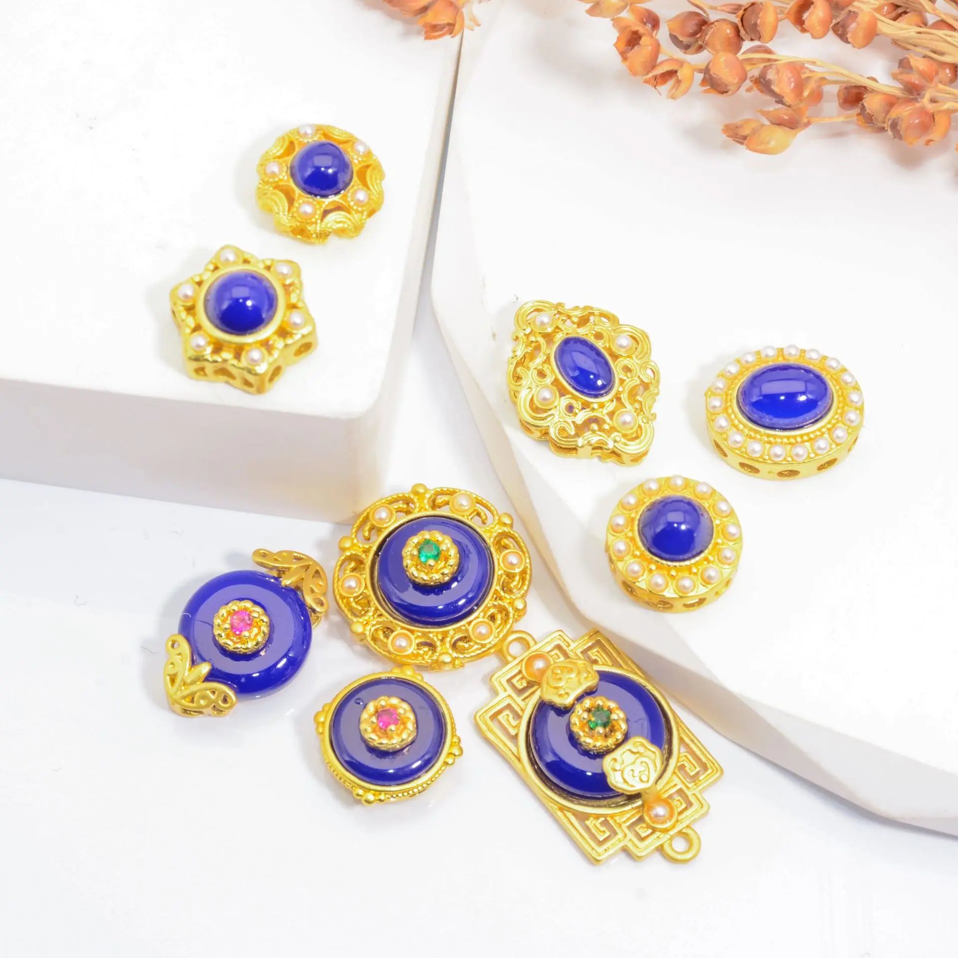 5 Pieces Copper Plated Lapis Lazuli Multi-hole Bead Separator DIY Pearl Bracelet Beaded Necklace Jewelry Accessories Wholesale