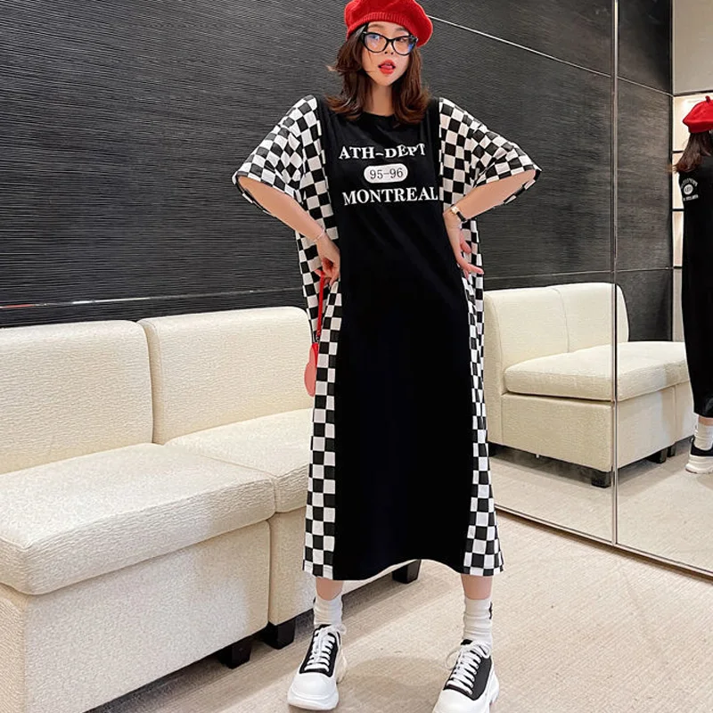 

2024 Fashion Plaid Printing Midi Dress Summer Loose Short Sleeve Pullovers Vintage Women's Clothing Casual Straight Dresses