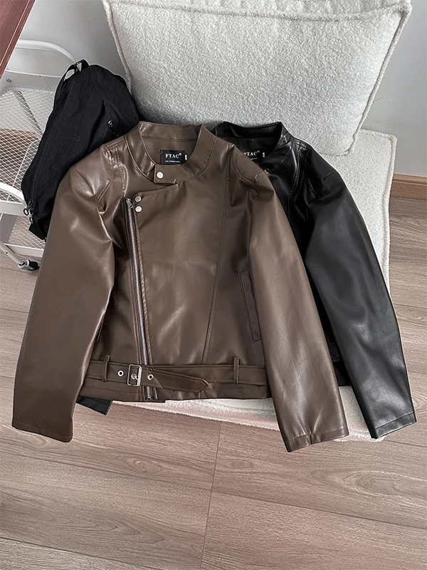 

American Sle Stand Collar PU Leather Jaet Men Women Spring Trendy Double Zipper Design Loose Couple Sle Versatile Coat