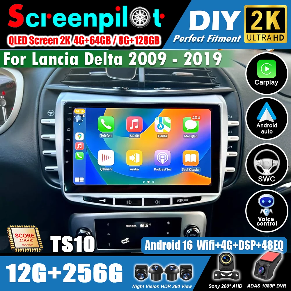 Android 16 para Lancia Delta 2009 - 2019 Reprodutor Multimídia Carplay Auto Rádio Estéreo 5G Wifi GPS DSP 2 Din Espelhamento 8 Núcleos
