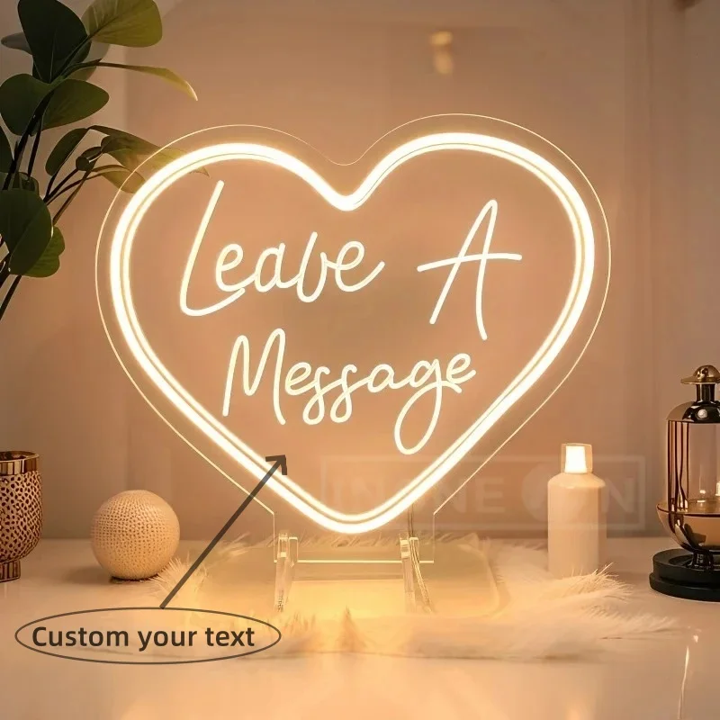 Leave a Message Custom Neon Sign Wedding 2025 - Custom LED Table Heart Stand Sign for Guest Book, Telephone Decor with Stand
