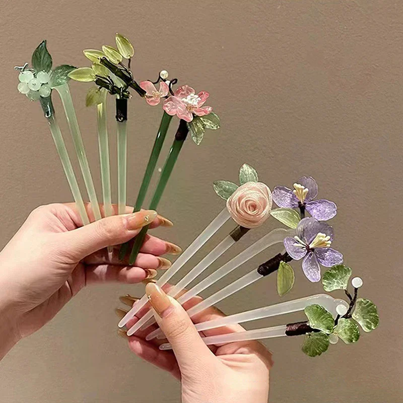 عصا شعر على شكل حرف U تتميز بزهرة الأكريليك ومشابك دبوس الشعر الصينية وإكسسوارات غطاء رأس الزفاف #2