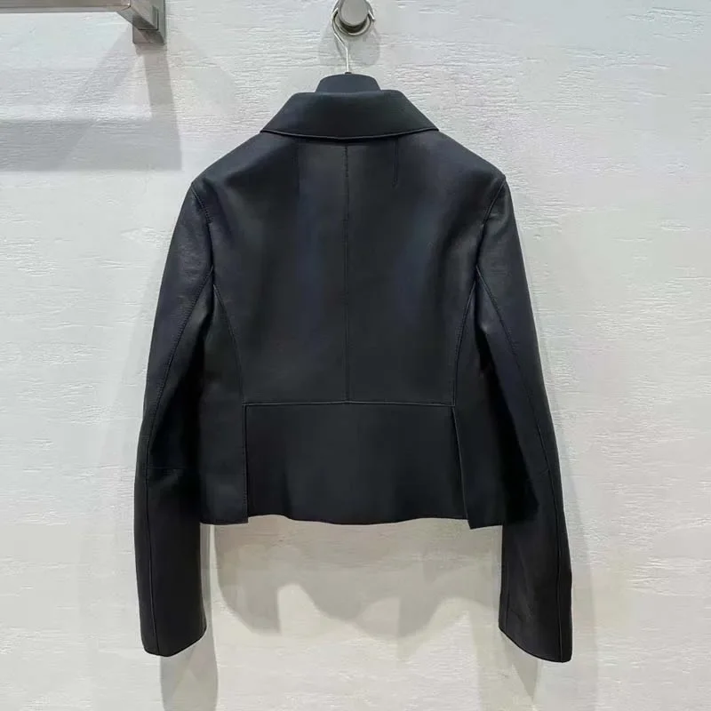 Women Coat Spring 2024 New Fashion Fine Grained Lambskin Short Length Turn-Down Collar Clothes Perfect Workmanship