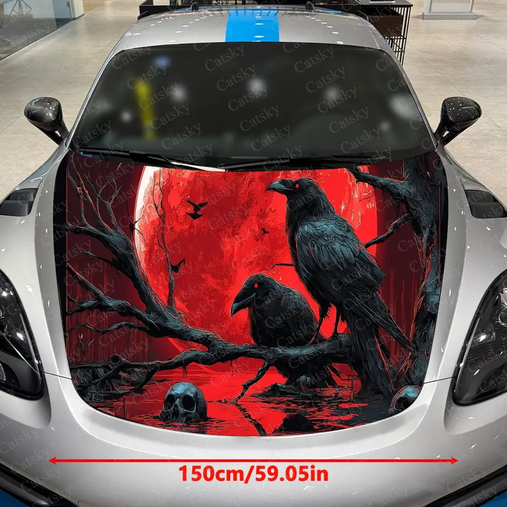 Blood Moon Withered Raven Car Vinyl Wrap, PVC Waterproof Car Hood Sticker, Self-Adhesive Scratch-Resistant Stickers