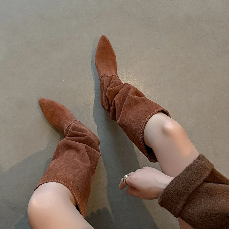 Arden Furtado الخريف البقرة المدبوغ مطوي الأحذية الغربية أشار تو الانزلاق على كعب منخفض حذاء برقبة للركبة حجم كبير الأحذية النسائية #4