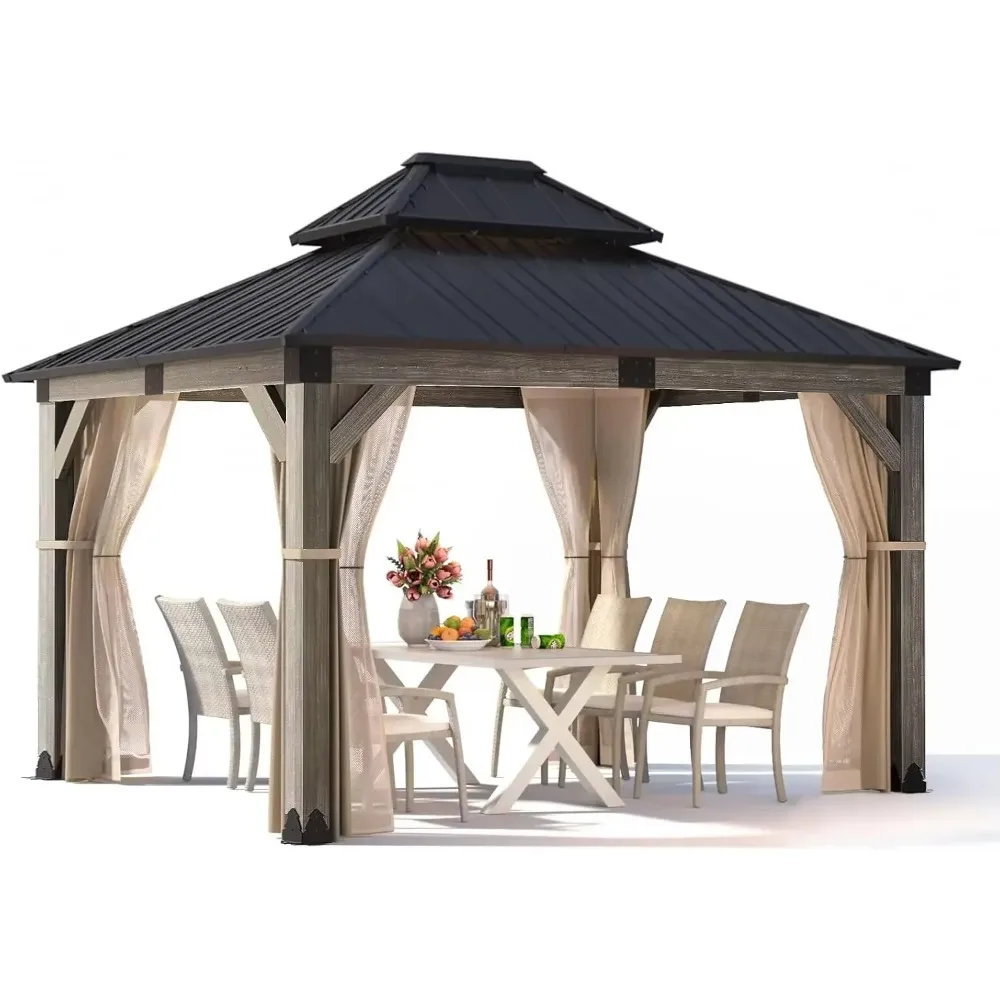 10x12FT cedar wood pavilion with 2-layer galvanized steel roof, mesh and curtains, suitable for backyard use