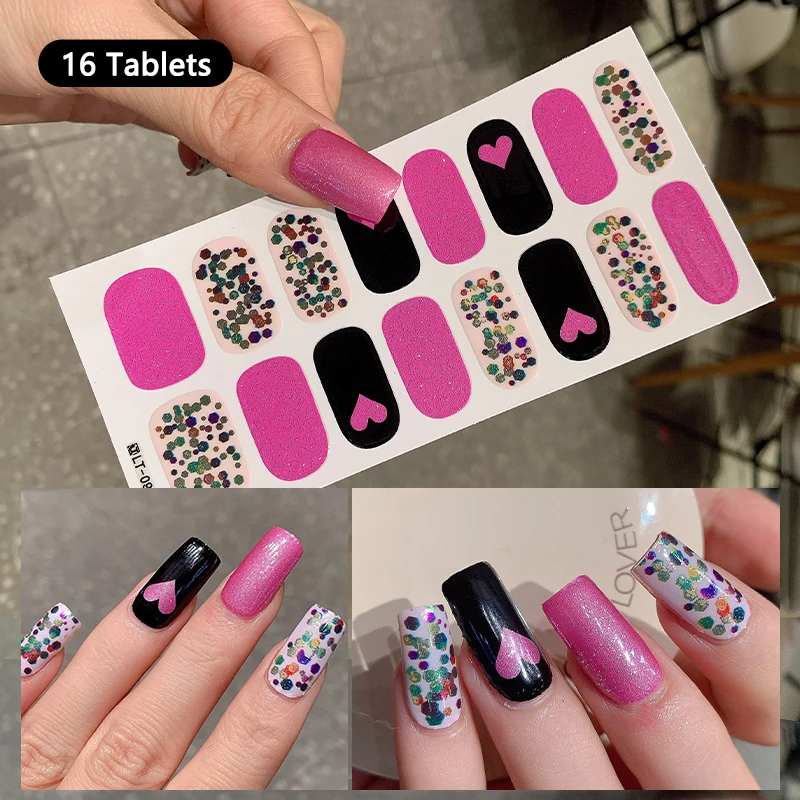 16PCS Full Cover 3D Nail Stickers Valentine Glitter Purple French Nail Art Sticker Full Nail Wraps DIY Manicure Nail Art Makin