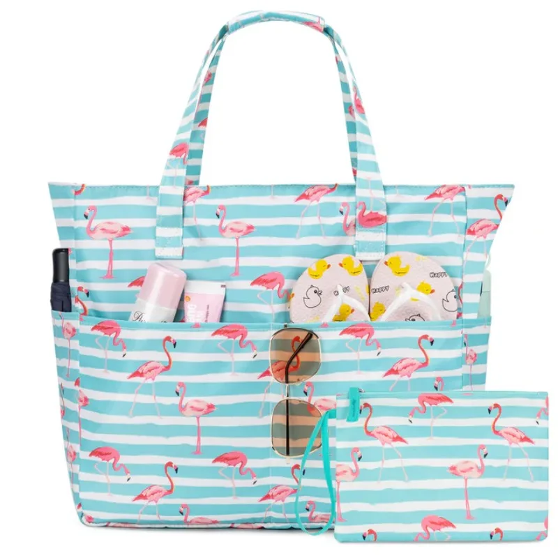 

Kabaqoo Women's Large Capacity Beach Tote Bag Oxford Cloth Waterproof Striped Travel Bags Multi-pocket Foldable Top-Handle Bags