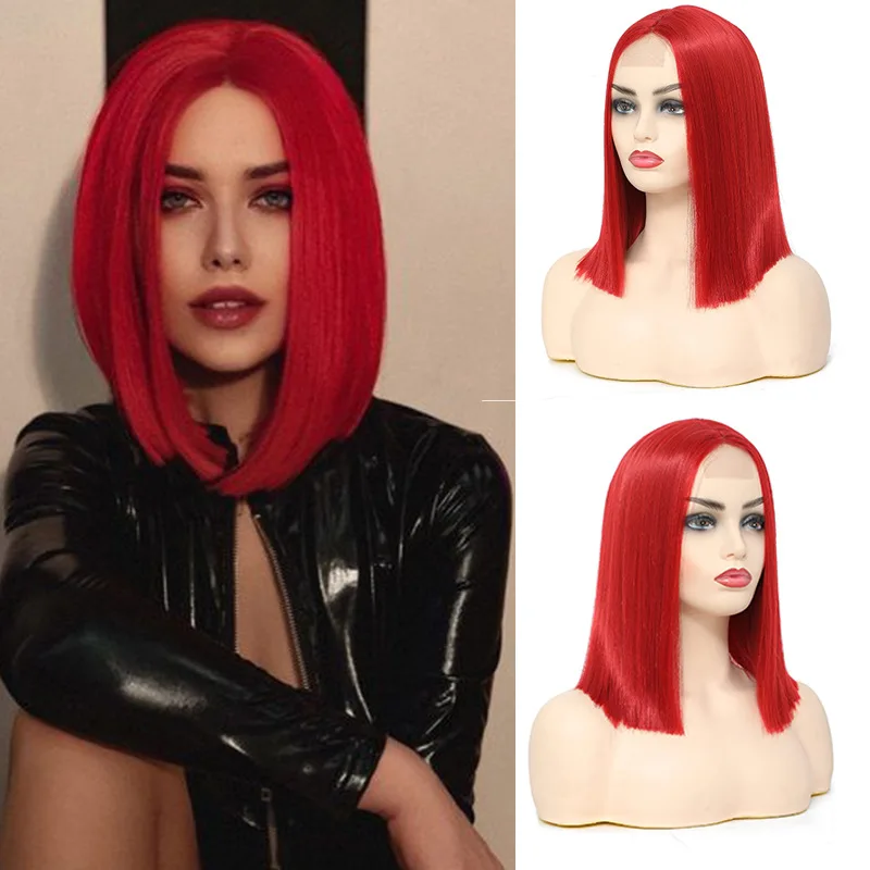 Wig penutup kepala wanita serat berbeda medium renda kecil rambut lurus pendek merah modis