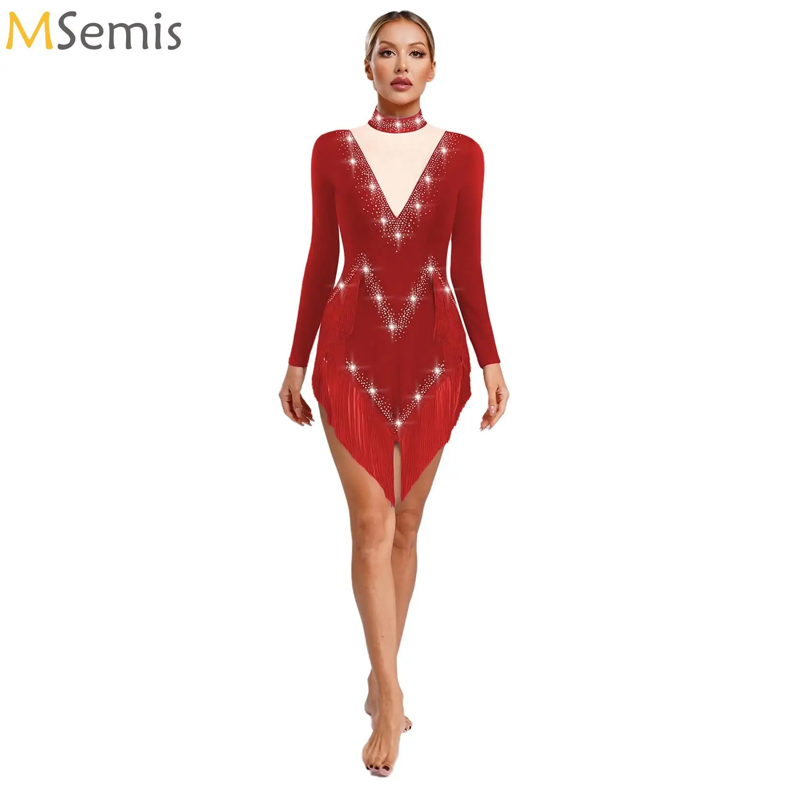 

Women Tassel Latin Dance Dress Figure Skating Cha-cha Tango Samba Rumba Performance Costume Long Sleeve Rhinestones Fringe Dress