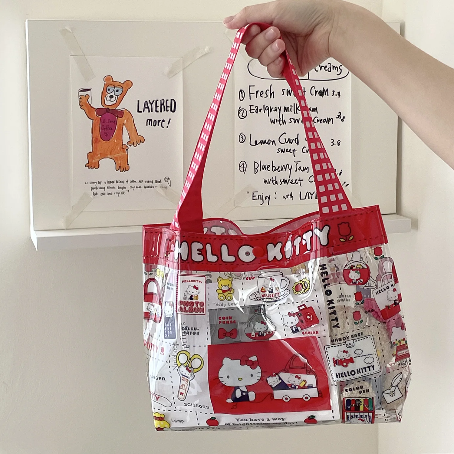 Retro Red Checkered Hello Kitty Transparent Handbag Cartoon Print PVC Waterproof Mommy Bag Swimming Storage Tote Bag