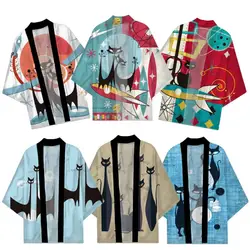 Men's Summer Hawaiian Style Kimono Cardigan Cute Black Cat Print Japanese Traditional Costume Women Beach 3/4 Sleeve Shirt Top