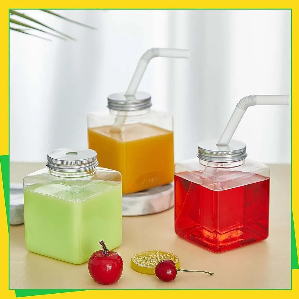 Square Plastic Mason Jars with Lid and Straws, Reusable Juice Jar, PET Clear, Water, Milk, Drinks, Drink, 17oz