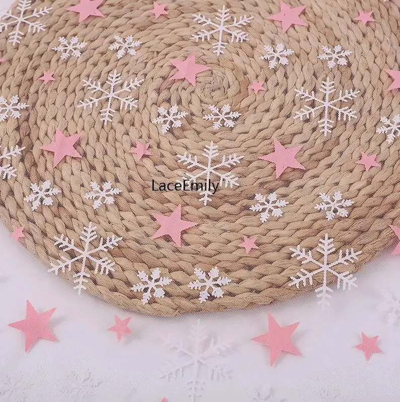Tessuto di pizzo con motivo fiocco di neve stelle rosa Tessuto di tulle morbido con stampa fiocco di neve bianco stelle blu per abito da sposa vestito da ragazza bambino