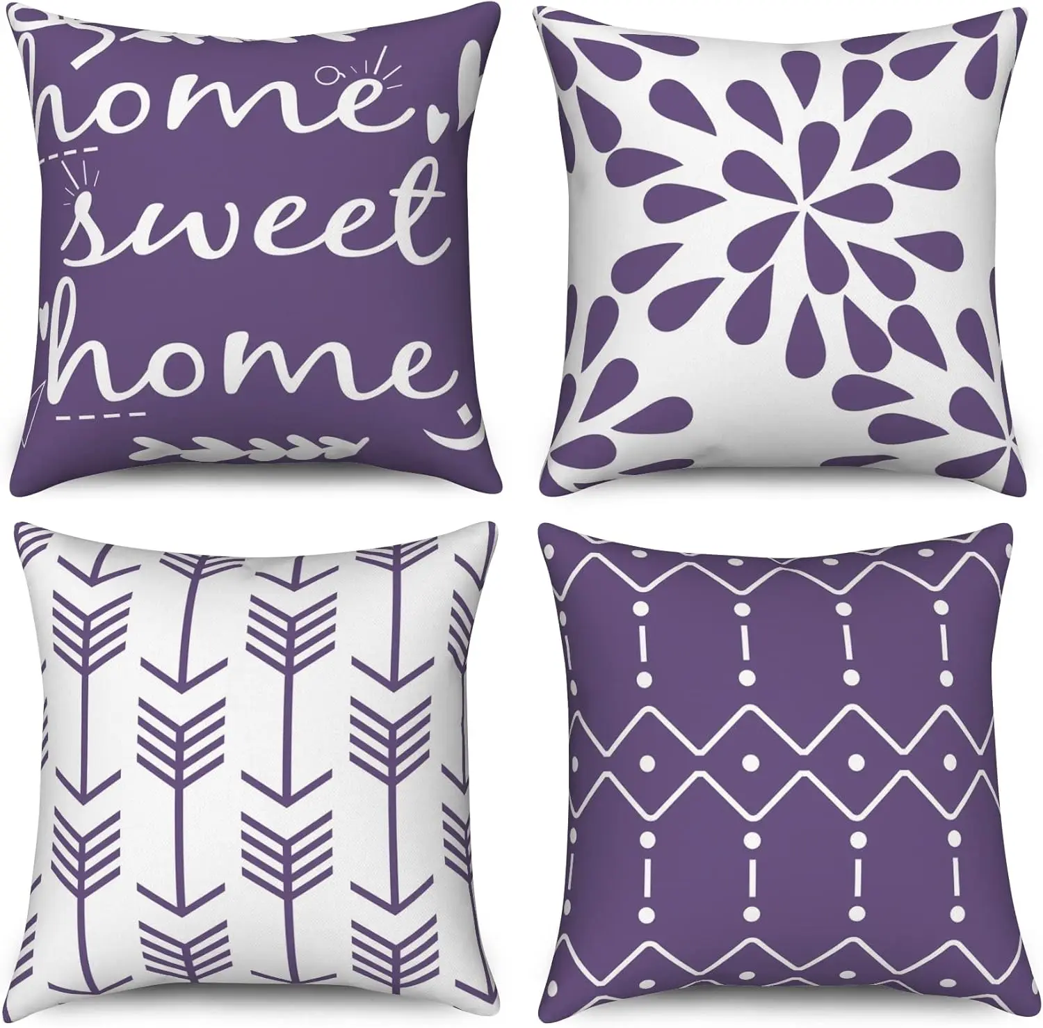 4pcs Purple White Modern Home Sweet Home Printed Pillow Cover Polyester Cushion Case 2D Flat Decor Now