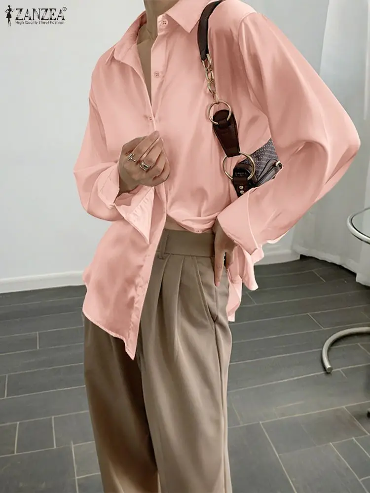 2025ZANZEA Herbst Büro Satin Shirts Mode Frauen Langarm Solide Bluse Frühling Elegante Taste Tops Weibliche OL Arbeit Hemd