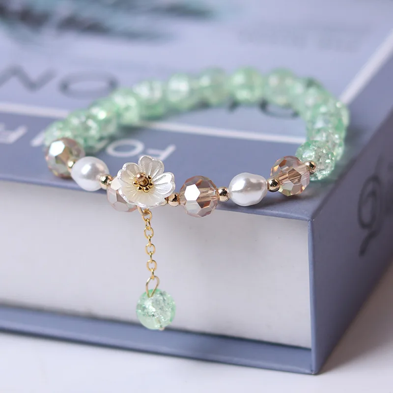 Pulsera con cuentas de flores de concha para mujer, brazalete de cristal colorido, joyería de Boda nupcial, regalos de viaje, moda coreana
