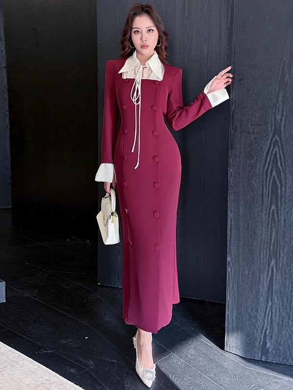 

Ele Long Sve Slim Fit Wrap around Waist Double Button French Sle Polyester Women's Dr Beautiful Ocn Dr