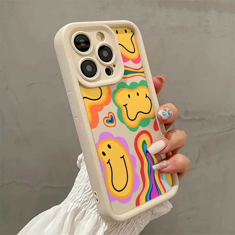 Shockproof Mobile Phone Case, Rainbow Smiley Face, White, All-Inclusive, Anti-fall, Suitable for iPhone Series