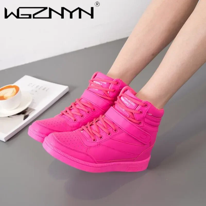 2024 Woman Breathable High Top Black White Boots Shoes Women Casual Sport Shoes Platform Hidden Increasing Sneakers Leather Shoe