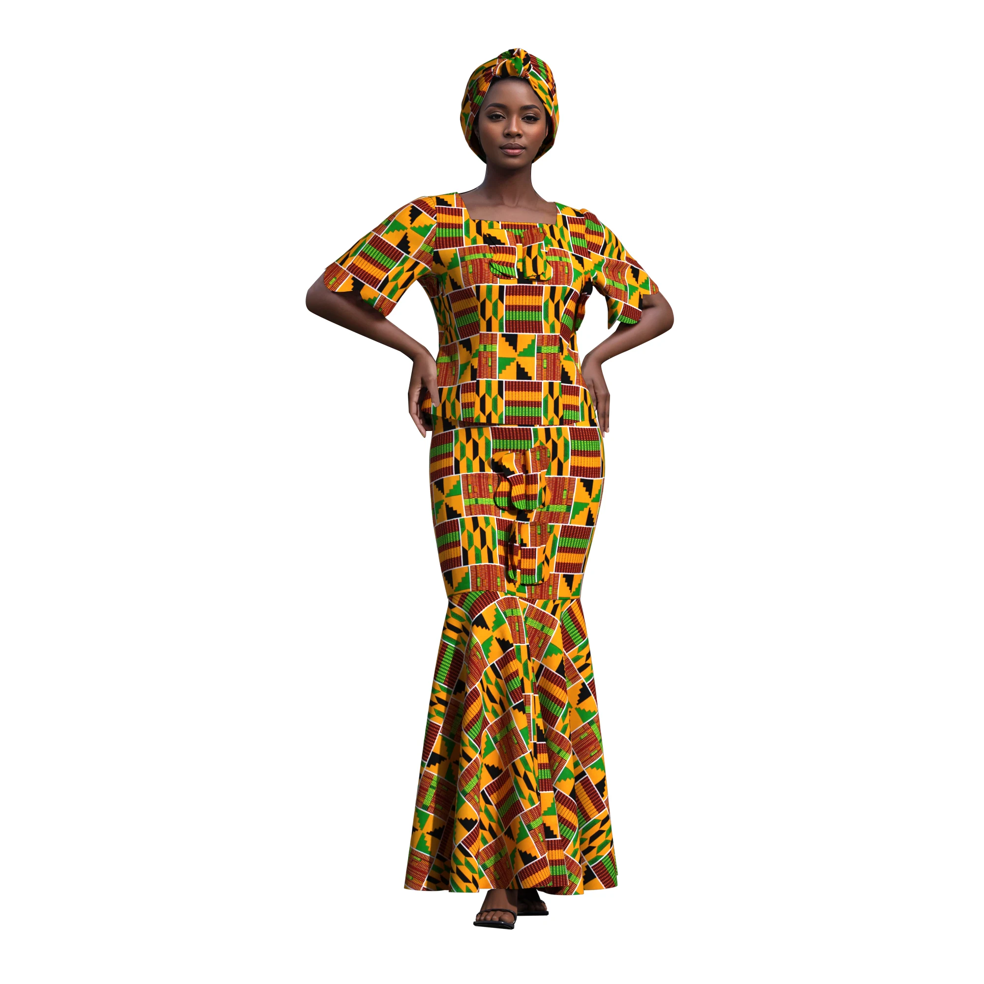 African Ankara Print 2 Piece Set Women Short Sleeve Mermaid Maxi Dress Matching Headwrap Dashiki Outfit Wedding Party Clothing - view 2