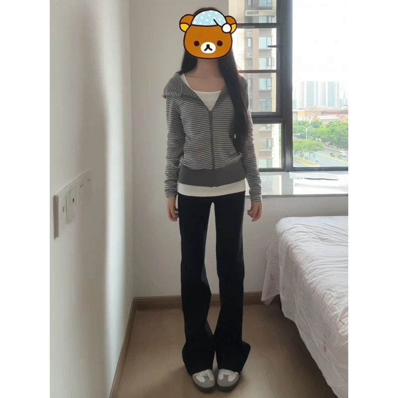 

Striped Hooded Sweatshirt Slim Short Cardigan For Women Autumn Streetwear Casual Long Sleeve Coat, Cozy Chic Outfit For Teens