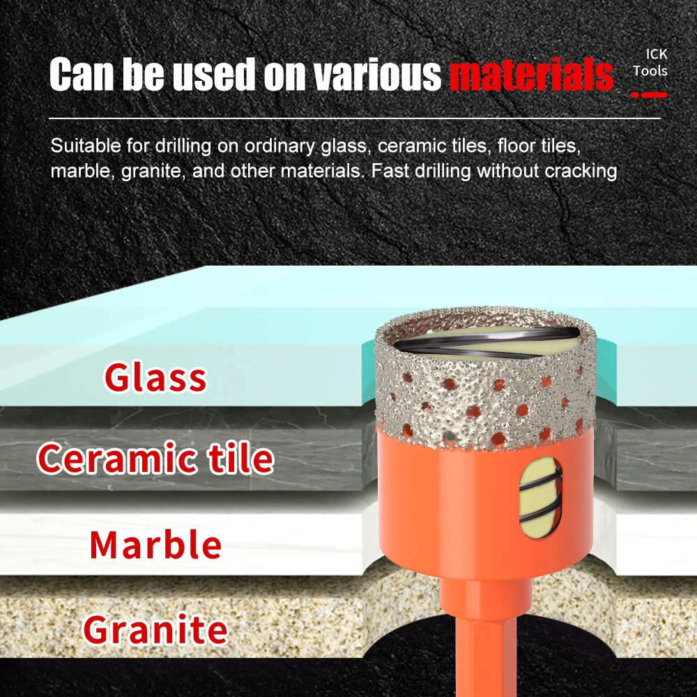 Descarga automática de residuos de material, sierra perforadora, vástago Hexagonal, baldosa cerámica seca soldada, broca de diamante, sierra de taza de porcelana ICK