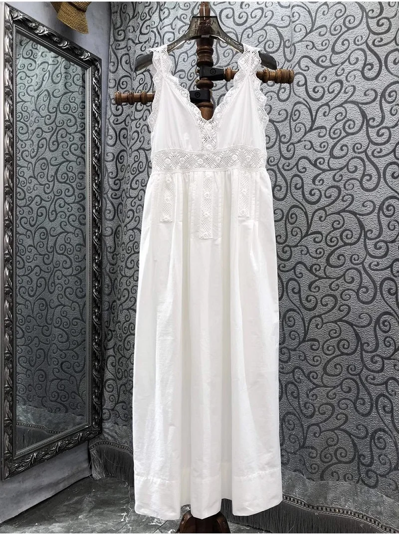 

100%Cotton Dress 2023 Summer Fashion White Dress Women V-Neck Lace Embroidery Sleeveless Mid-Calf Length Casual Sun Dress Beach