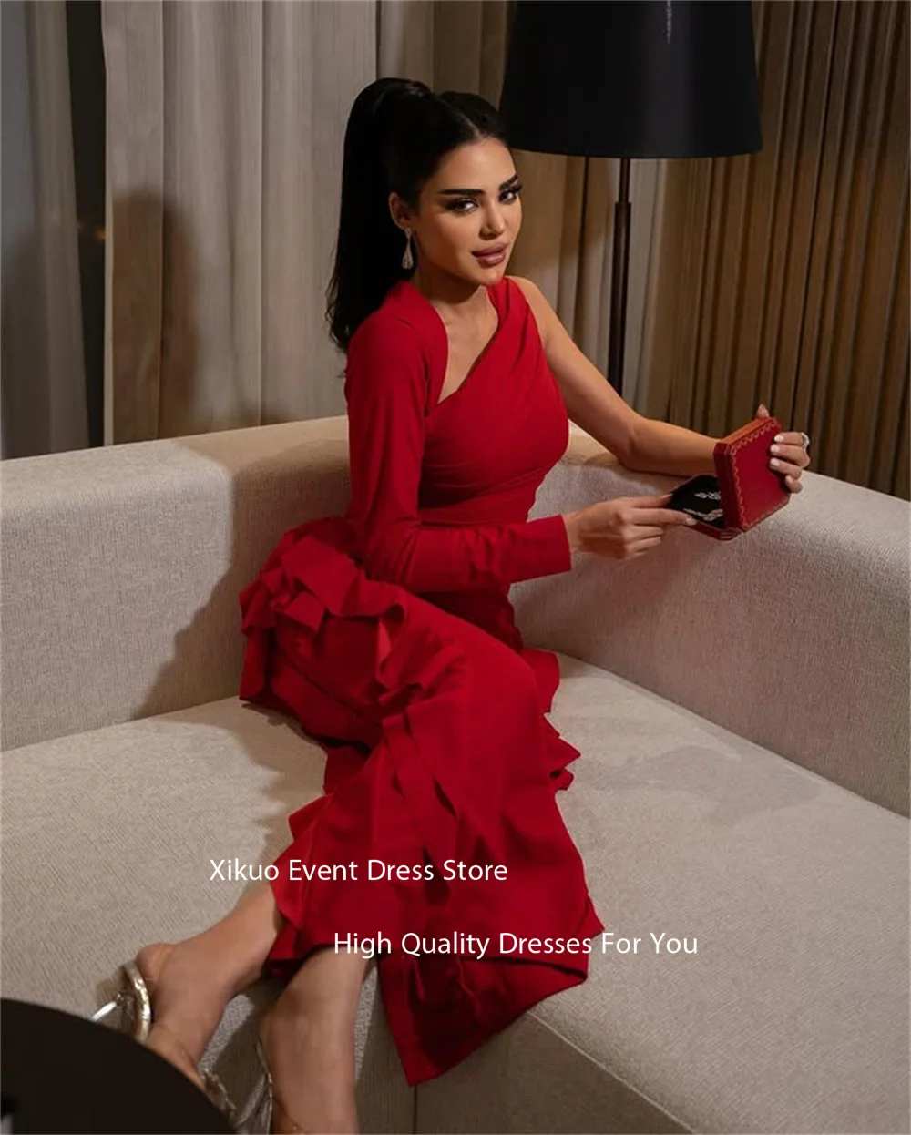 Gaun Malam Xikuo dengan Kerah Asimetris Unik, Ruffle di Bagian Bawah, Model Ruched Satu Bahu, Vestidos Para Mujer, Gaun Prom Dubai, Dapat Dipesan Sesuai Ukuran