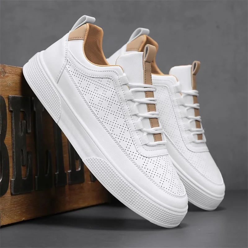 Men White Shoes Leather Casual Sneakers 2024 Trend Platform Shoes Comfortable Vulcanized Shoes for Men White Tenis Masculinos