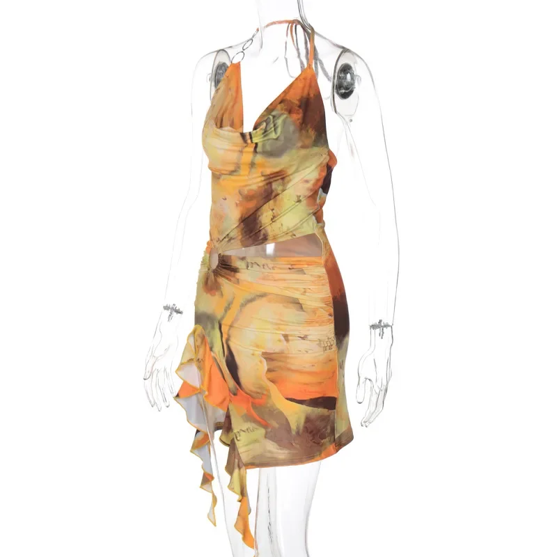 Vendaje Halter Y2K estampado recortado Mini vestido con volantes mujeres Otoño Invierno Tie Dye espalda descubierta vestidos divididos trajes Sexy Fiesta Club