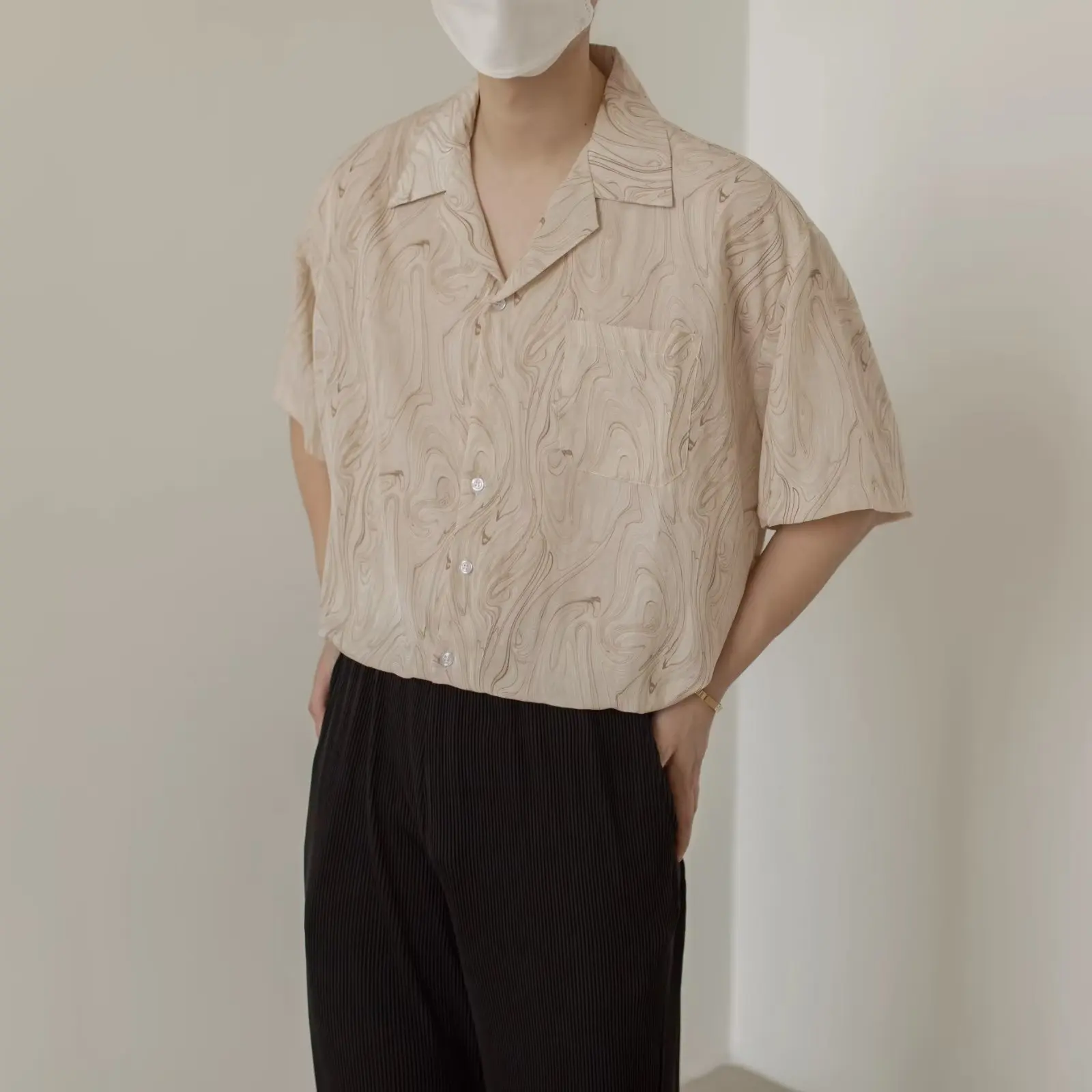 Ice Silk Men's Short Sleeve Shirt Casual Summer Loose Fit Wave Pattern Cuban Collar Youth Trend Loose Style No Ironing Required