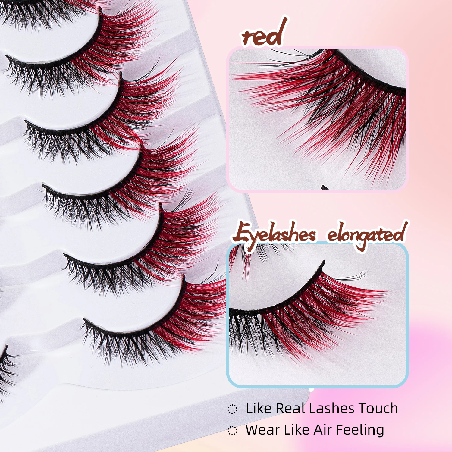 7 paia di occhielli rossi di colore misto con ciglia finte color croce allungate da 12 mm, un must per Natale/Halloween