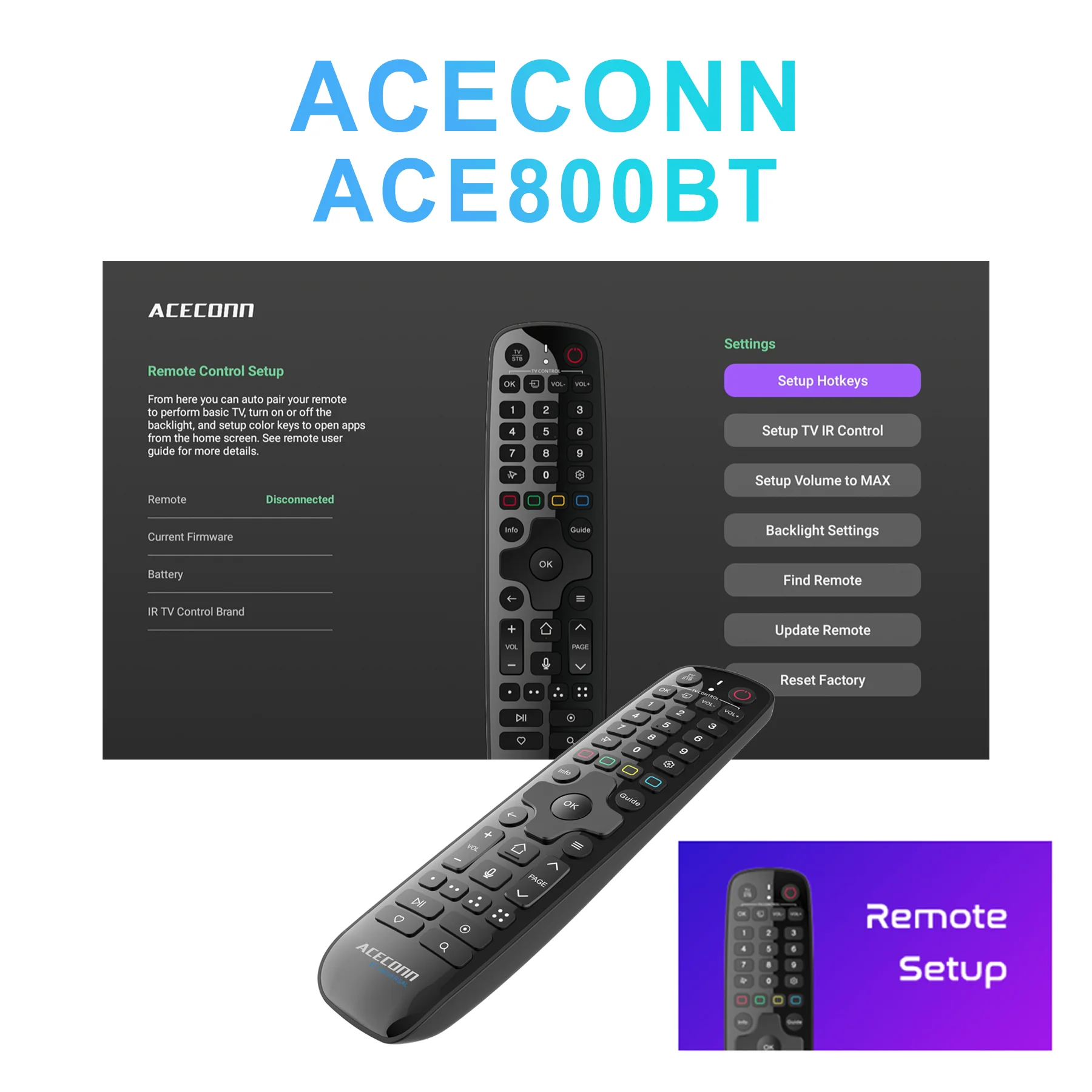 

ACECONN ACE800BT Android Linux iptv boxes Universal BT Voice Remote Control Auto learning hotkeys Backlight Find RCU Setup App