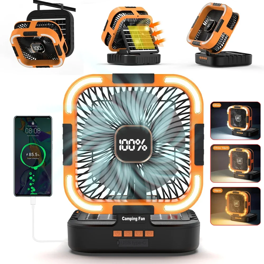 

Outdoor Camping Fan10000mah Solar Panel Battery Operated Powered 90 ° foldable Desk Fan,ultra-quiet,shaking head,timer function