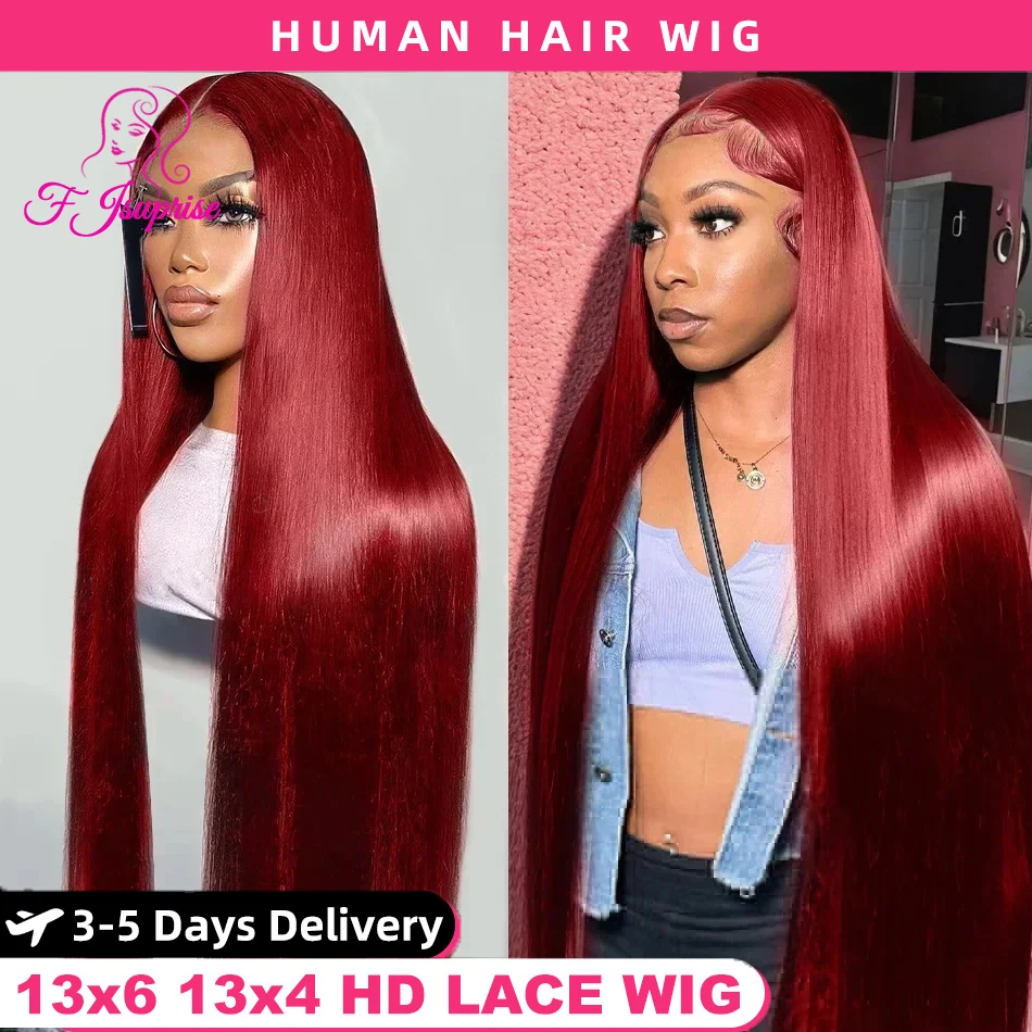 HD 13x4 Red Burgundy 99J Lace Front Human Hair Wigs For Women Brazilian Colored 30 34 Inch Straight Transparent Lace Frontal Wig