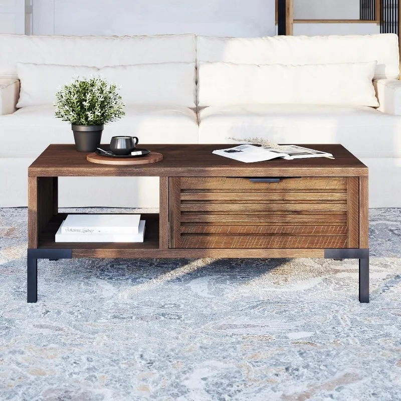 Solid Wood Coffee Tables, Industrial Modern Living Room Center Desk with Storage Drawers & Fully Assembled