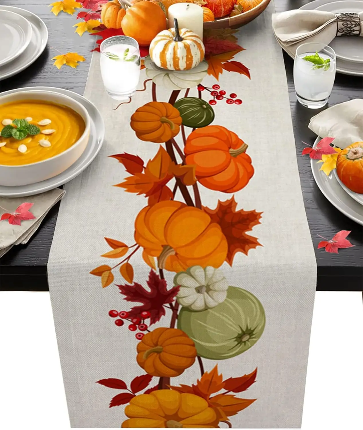 Autumn Pumpkin Maple Leaf Linen Table Runner Washable Fall Thanksgiving Table Runners Holiday Kitchen Party Dining Table Decor